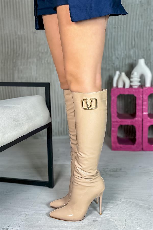 Minorka Bej Rugan Tokalı Kadın Topuklu kadın Çizme
