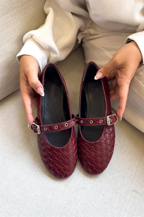 Nies Bordo Cilt Örgü Detaylı Kadın Babet