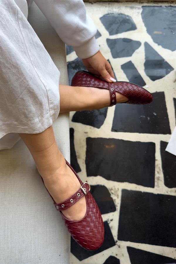 Nies Bordo Cilt Örgü Detaylı Kadın Babet