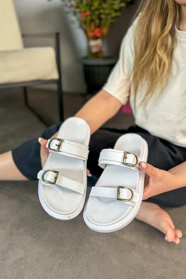 Ryan Beyaz Cilt İki Toka Detaylı Kadın Terlik