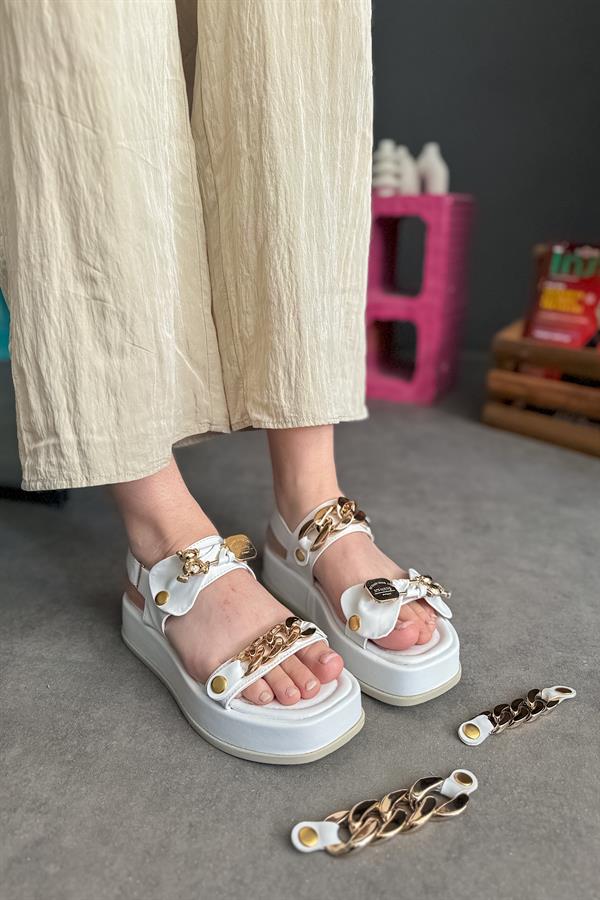 Shan Beyaz Tak Çıkar Değişim Gold Tokalı Kadın Sandalet