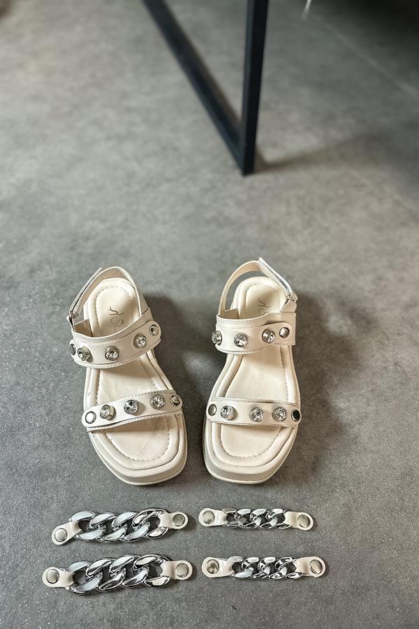 Slay Bej Tak Çıkar Değişim Gümüş Tokalı Kadın Sandalet