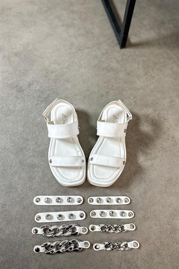 Slay Beyaz Tak Çıkar Değişim Gümüş Tokalı Kadın Sandalet