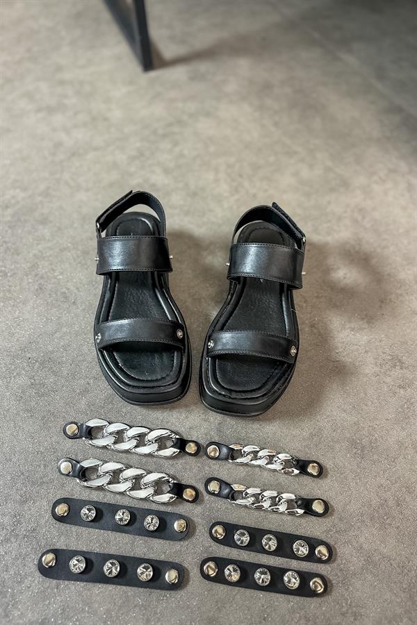 Slay Siyah Tak Çıkar Değişim Gümüş Tokalı Kadın Sandalet