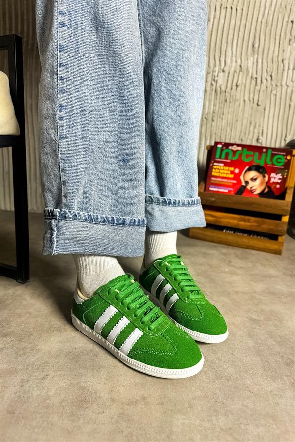 Snar Yeşil Üç Çizgili Süet Kadın Sneakers
