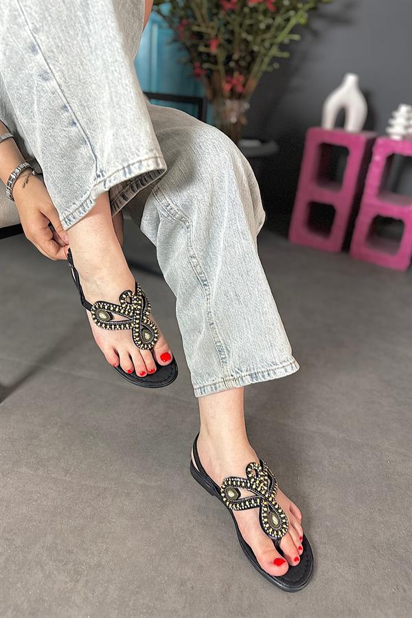 Vienna Siyah Tasarım Taş Detaylı Kadın Sandalet