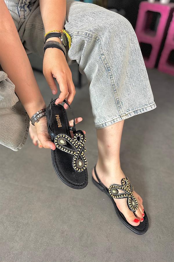 Vienna Siyah Tasarım Taş Detaylı Kadın Sandalet