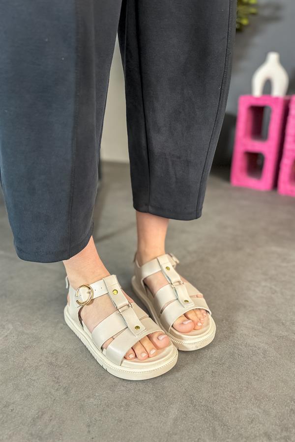 Wolf Bej Cilt Kafes Gold Toka Detaylı Kadın Sandalet