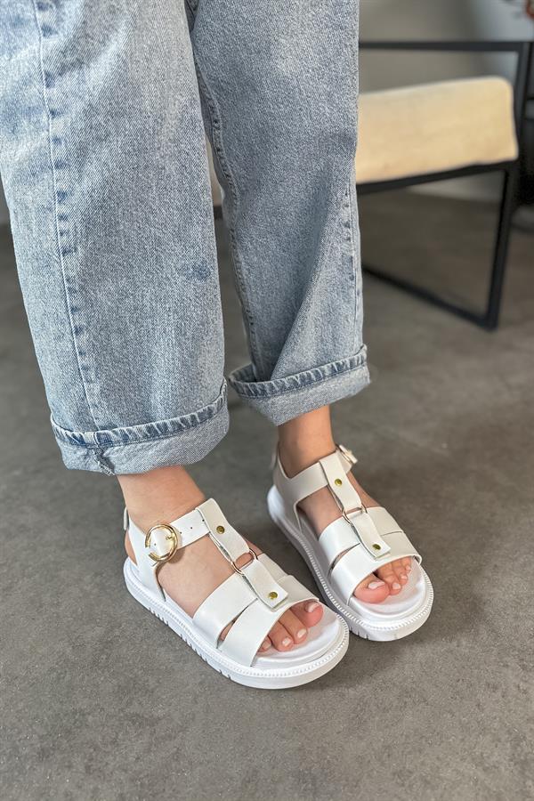 Wolf Beyaz Cilt Kafes Gold Toka Detaylı Kadın Sandalet