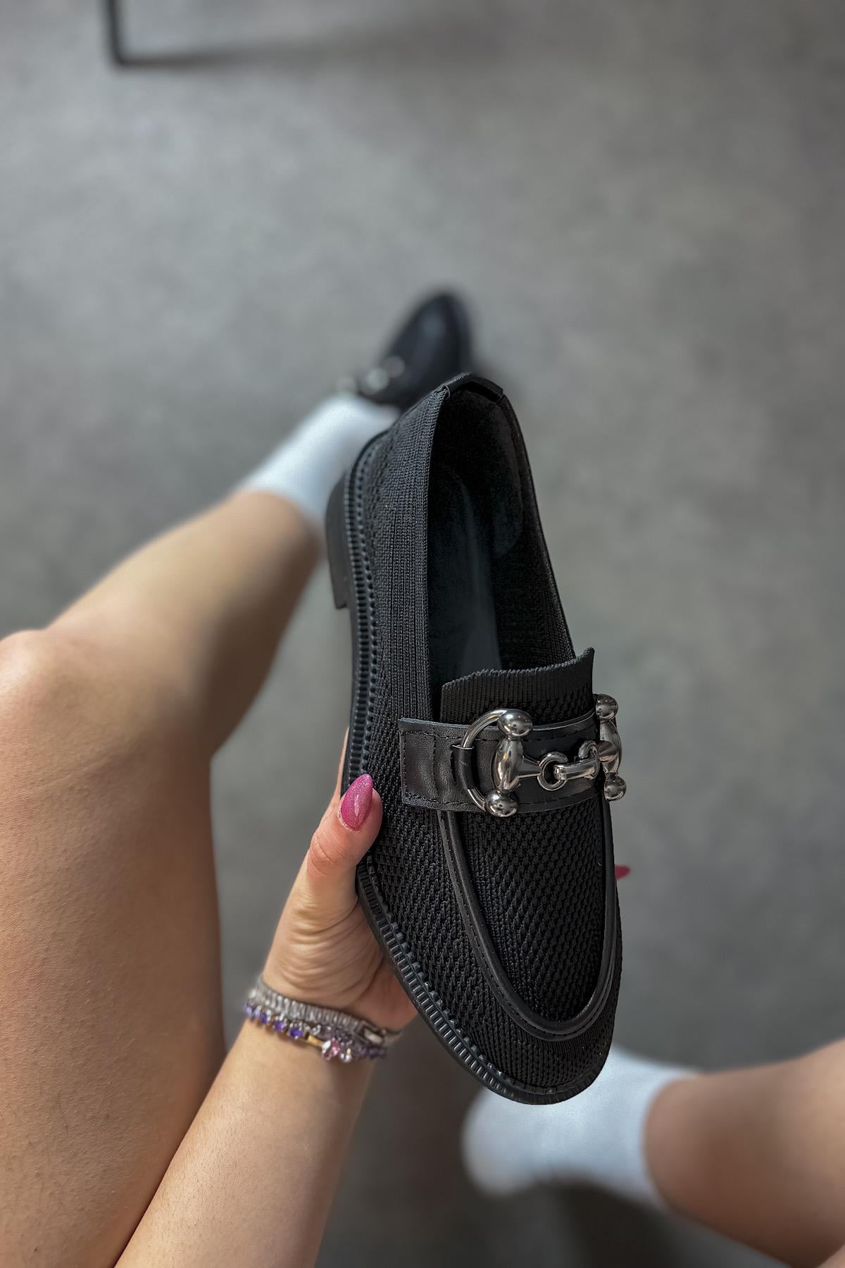 Charles Sıyah Trıko Tokalı Kadın Loafer Ayakkabı