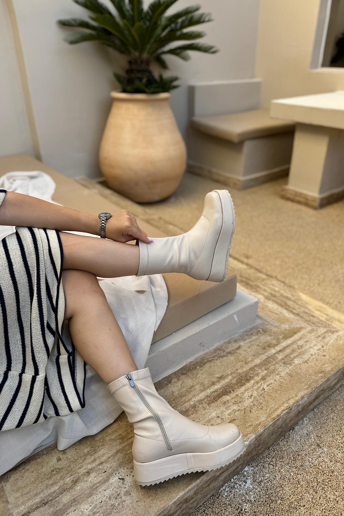 Drok Bej Cilt Steç Fermuar Detaylı Kadın Bot