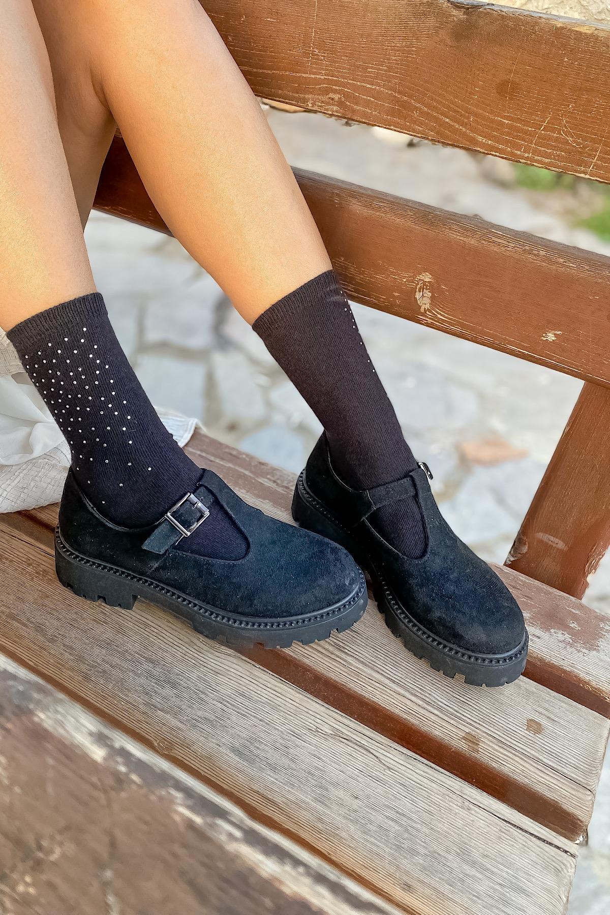 Gray Siyah Süet Tokalı Makosen Kadın Loafer Ayakkabı