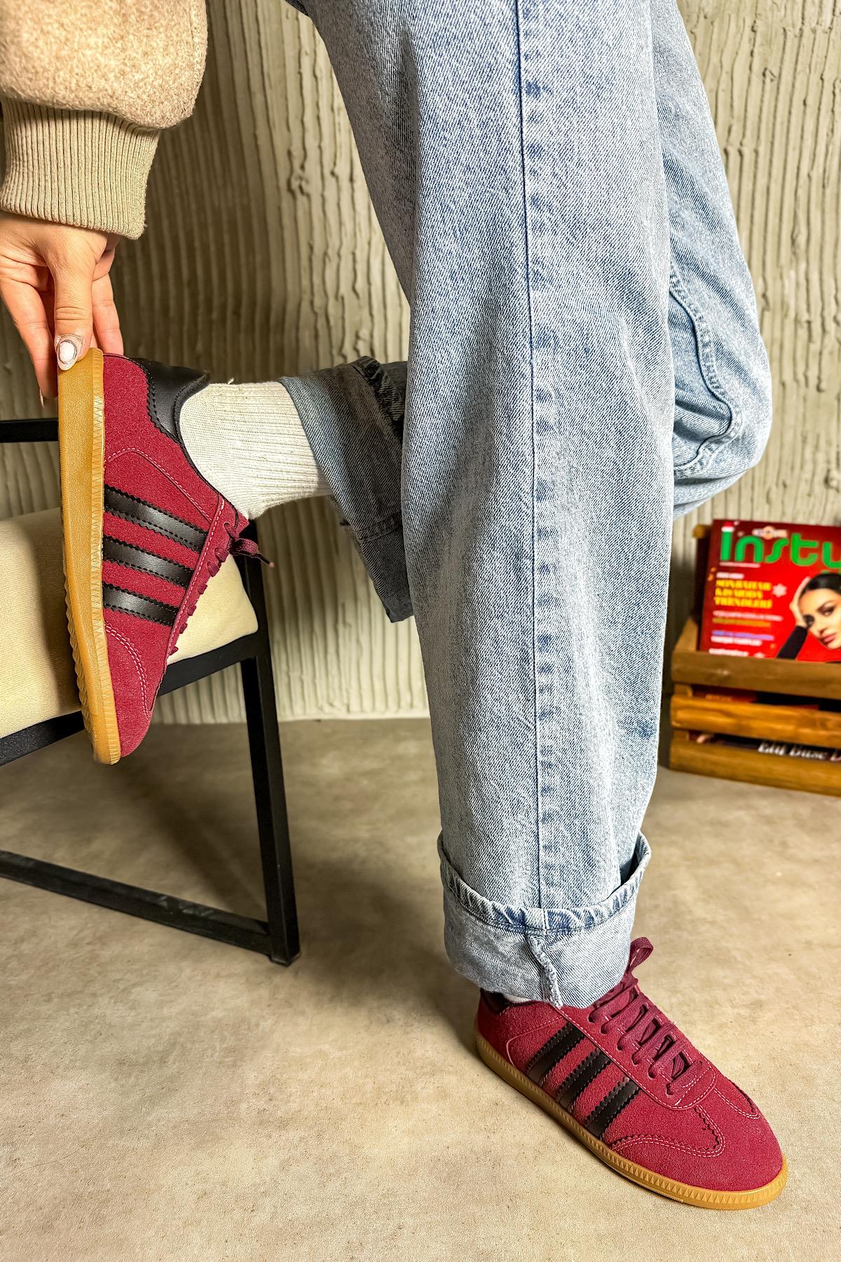 Snar Bordo Üç Çizgili Süet Kadın Sneakers