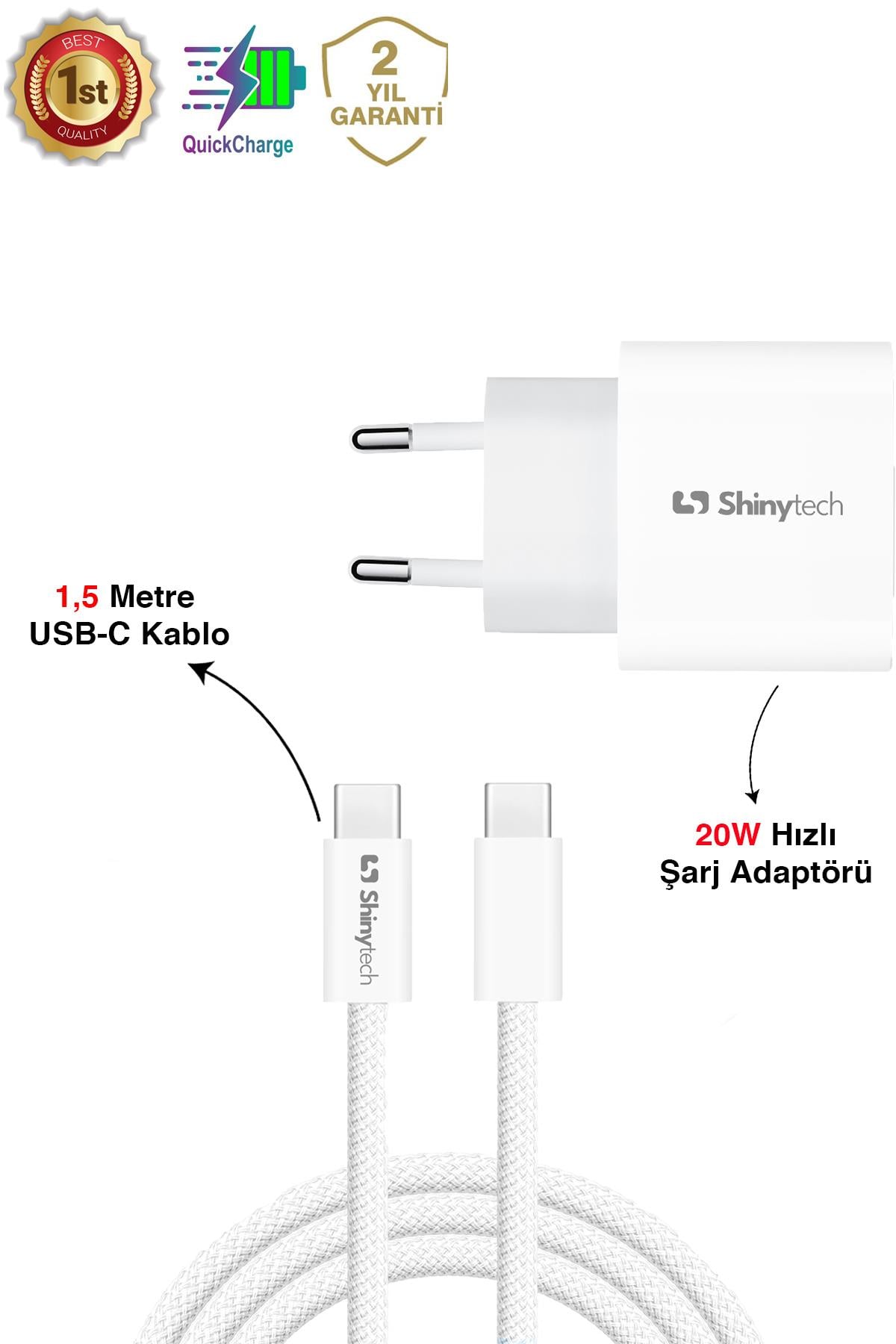 20W USB-C Güç Adaptörü Hızlı Şarj Aleti 1,5m Örgü Kablo USB-C Şarj Seti Beyaz