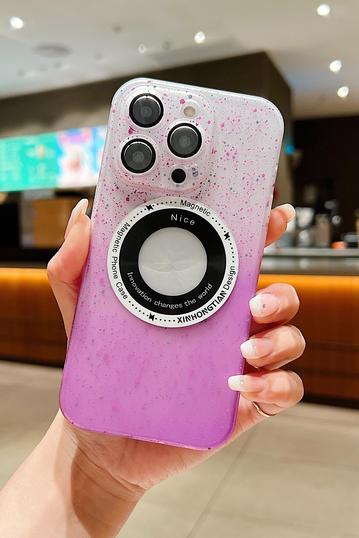 Apple iPhone Uyumlu Benekli Şeffaf Slim Magsafe Kılıf Mor