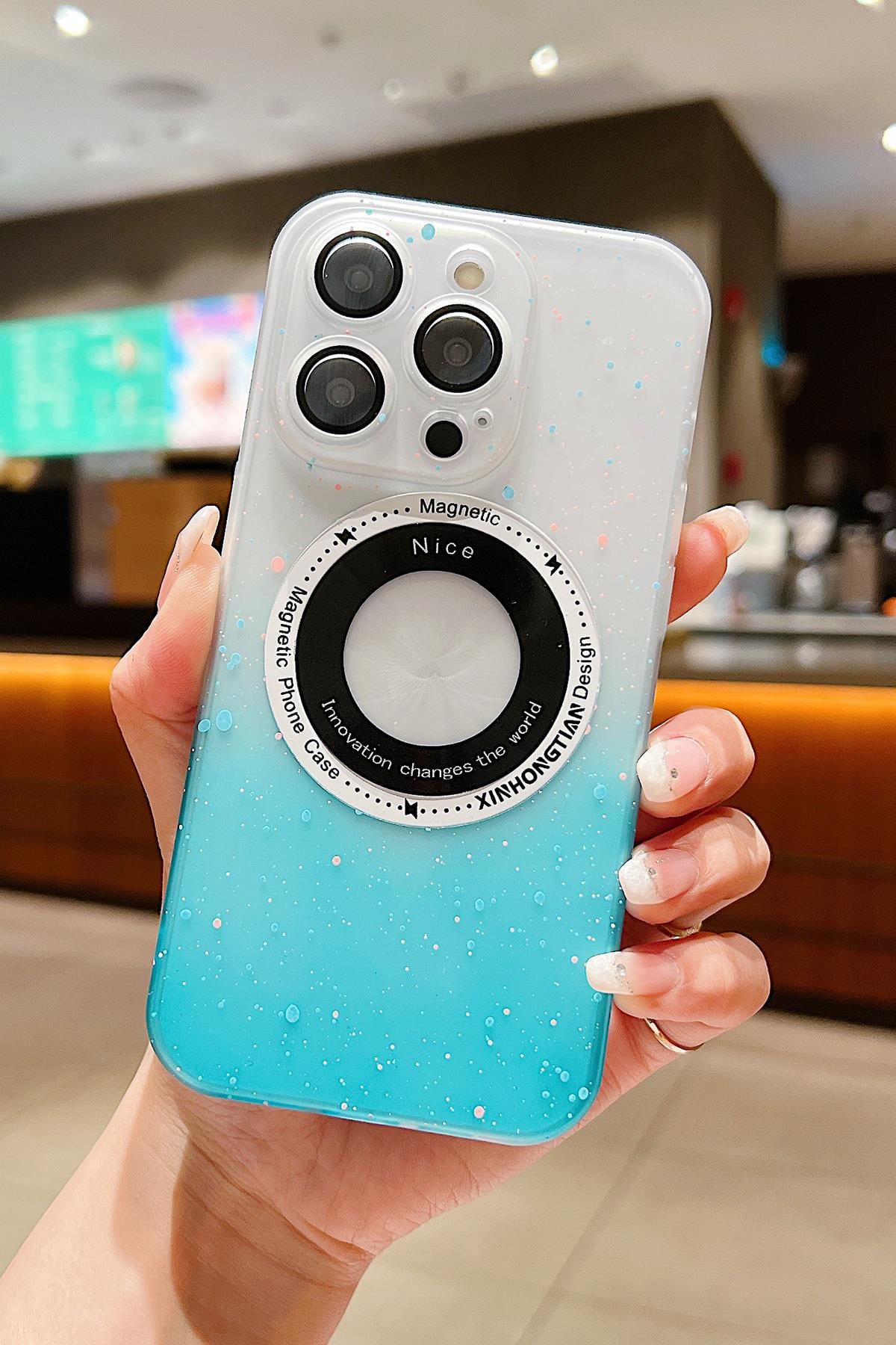 Apple iPhone Uyumlu Benekli Şeffaf Slim Magsafe Kılıf Mavi