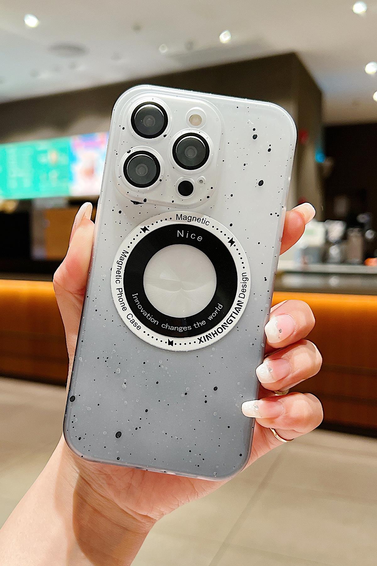 Apple iPhone Uyumlu Benekli Şeffaf Slim Magsafe Kılıf Siyah