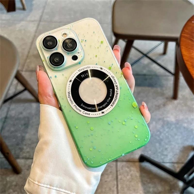 Apple iPhone Uyumlu Benekli Şeffaf Slim Magsafe Kılıf Yeşil