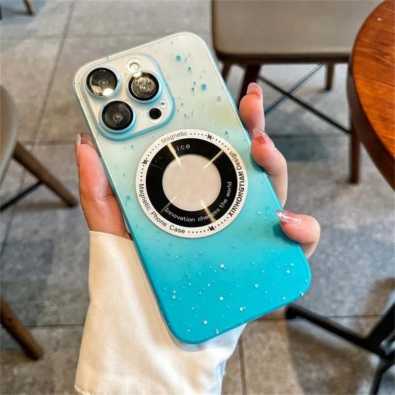 Apple iPhone Uyumlu Benekli Şeffaf Slim Magsafe Kılıf Mavi