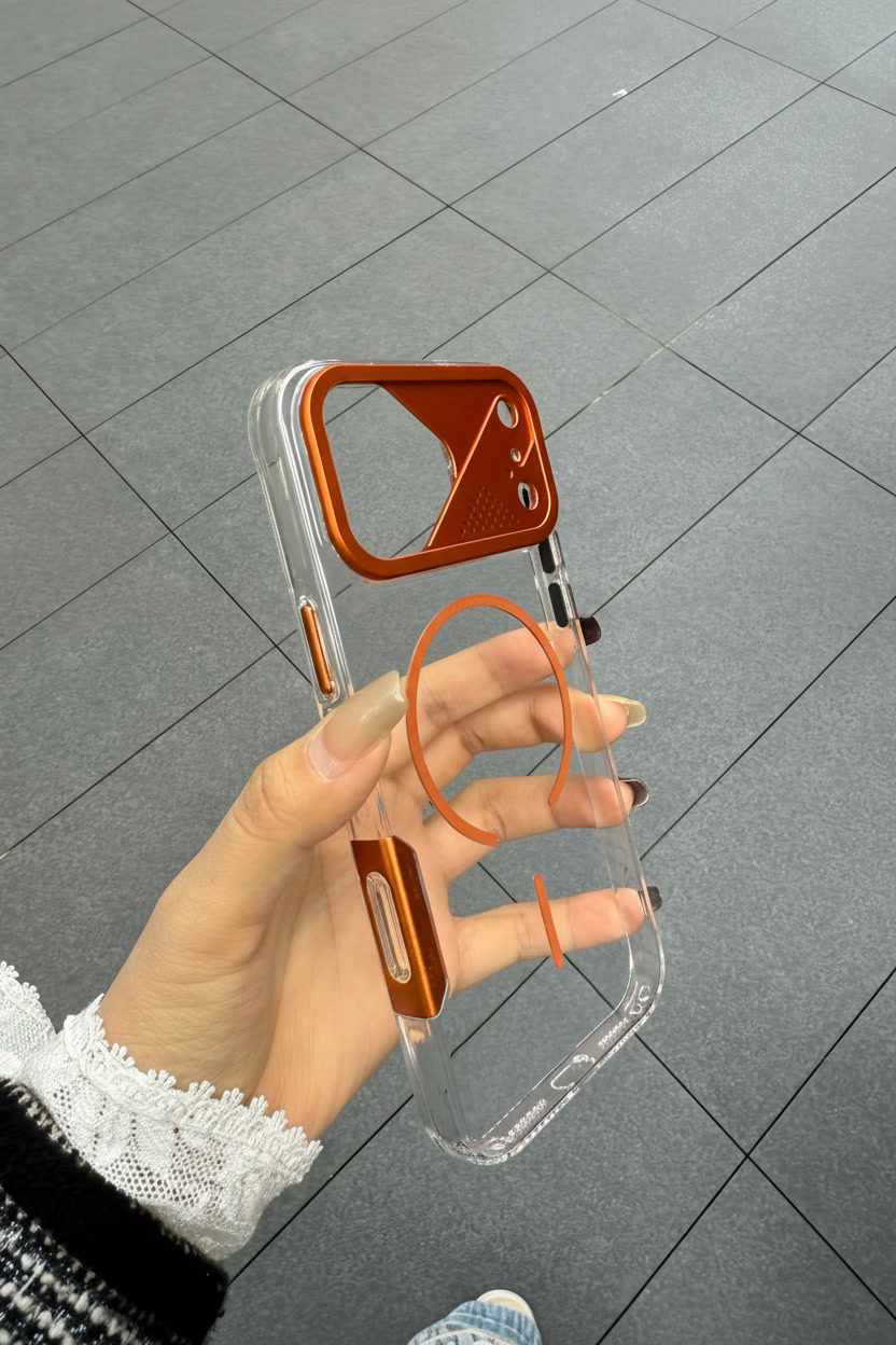 Apple iPhone Uyumlu Frame MagSafe Şeffaf Kılıf – Metal Kamera Çerçeveli, Darbe Korumalı Turuncu