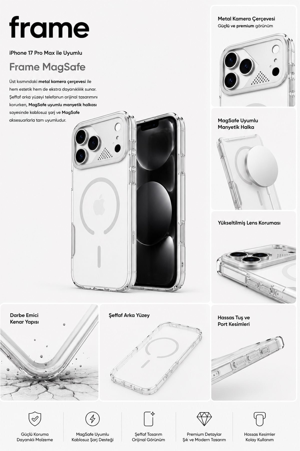 Apple iPhone Uyumlu Frame MagSafe Şeffaf Kılıf – Metal Kamera Çerçeveli, Darbe Korumalı Gümüş