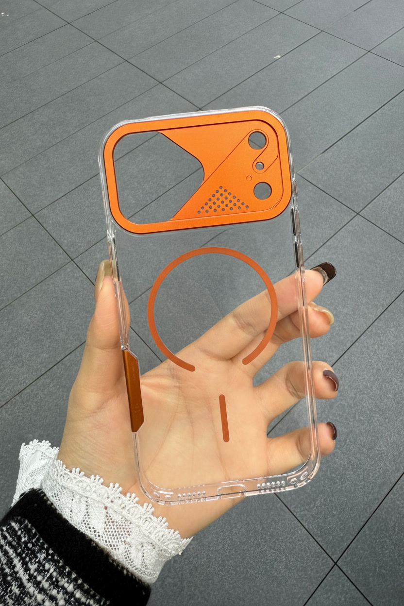 Apple iPhone Uyumlu Frame MagSafe Şeffaf Kılıf – Metal Kamera Çerçeveli, Darbe Korumalı Turuncu