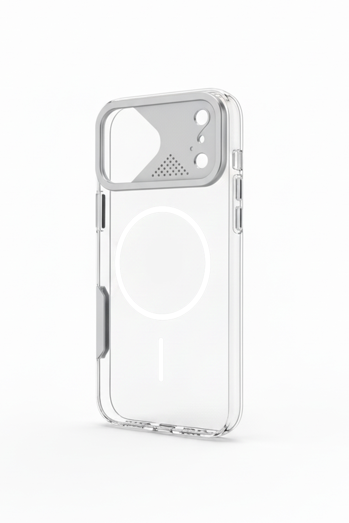 Apple iPhone Uyumlu Frame MagSafe Şeffaf Kılıf – Metal Kamera Çerçeveli, Darbe Korumalı Gümüş