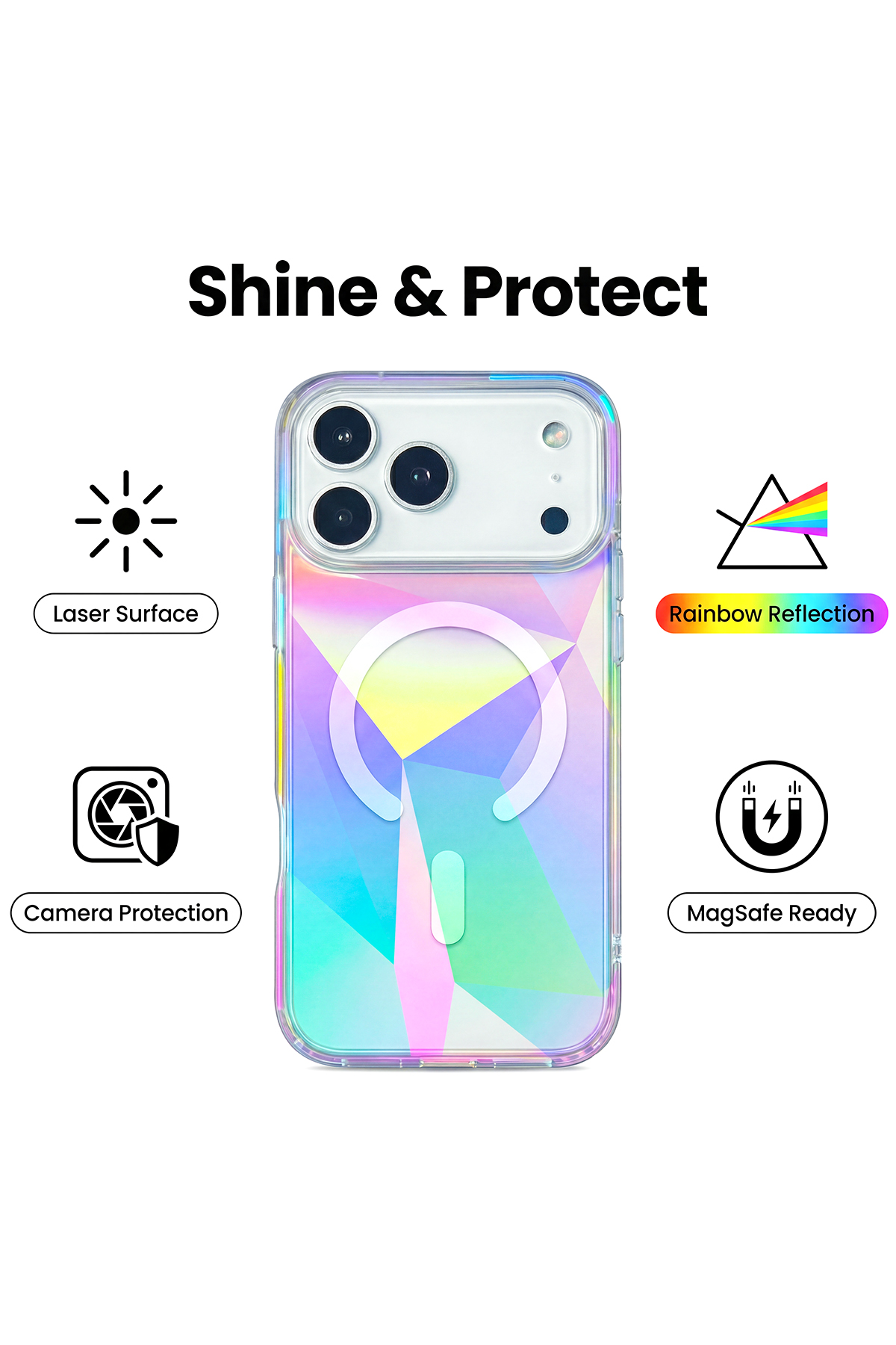 Apple iPhone Uyumlu PrismEdge MagSafe Şeffaf Kılıf – Lazer Optik Rainbow Yansımalı Şeffaf