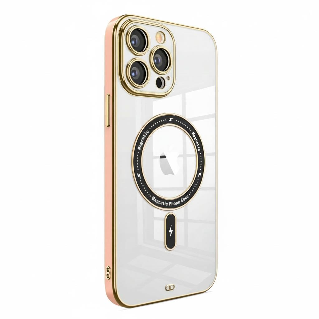 Apple iPhone Uyumlu Şeffaf Buzlu Gold Magsafe Kılıf Pembe