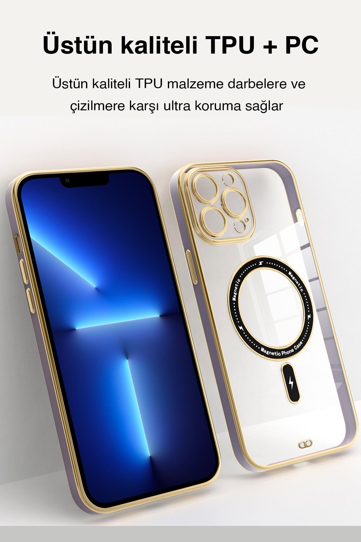Apple iPhone Uyumlu Şeffaf Buzlu Gold Magsafe Kılıf Pembe