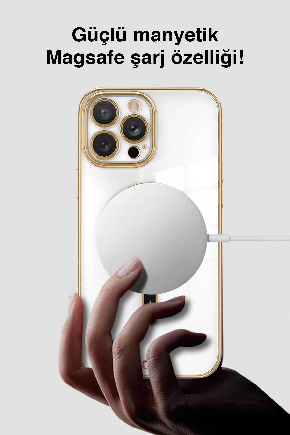 Apple iPhone Uyumlu Şeffaf Buzlu Gold Magsafe Kılıf Beyaz