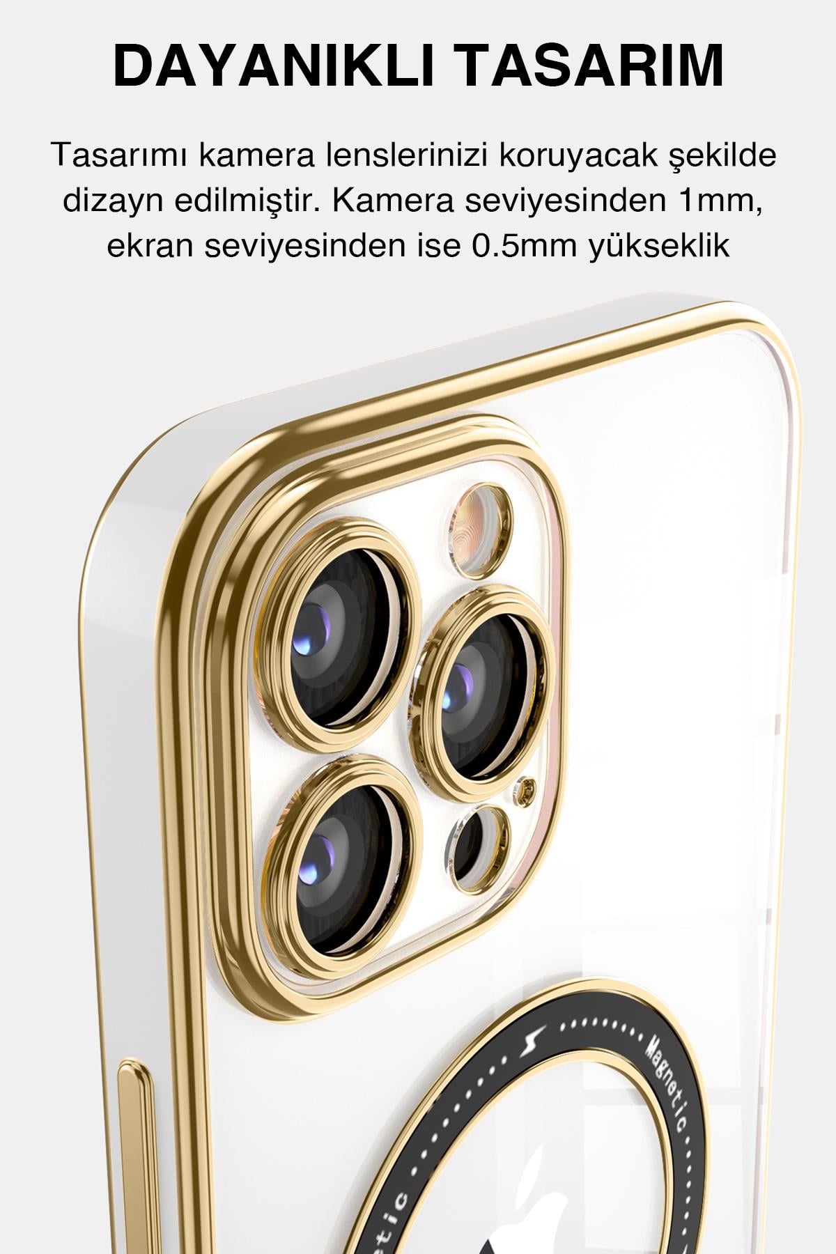 Apple iPhone Uyumlu Şeffaf Buzlu Gold Magsafe Kılıf Beyaz