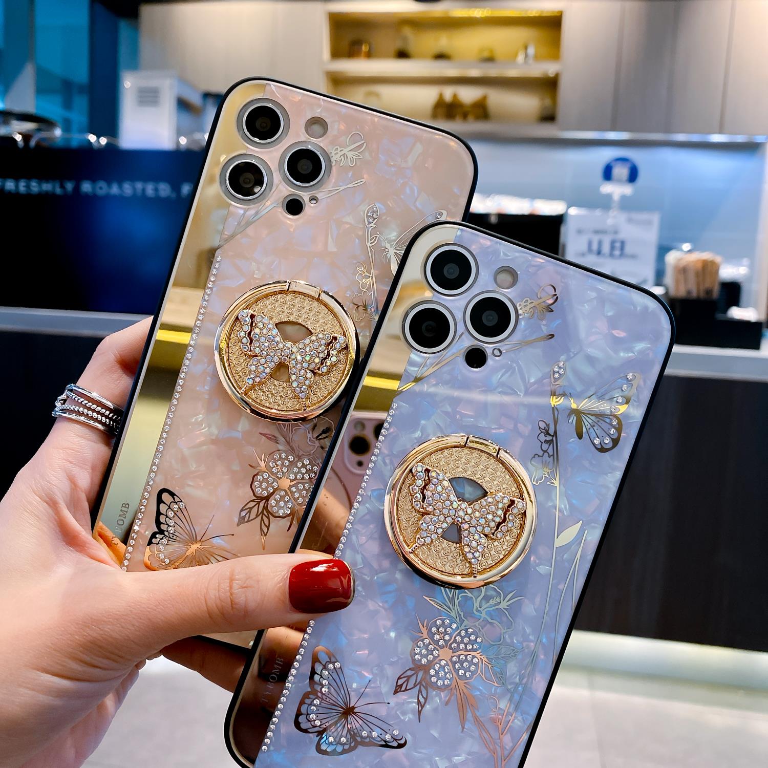 Apple iPhone Uyumlu Taşlı Kelebek Yüzüklü Kılıf Pembe