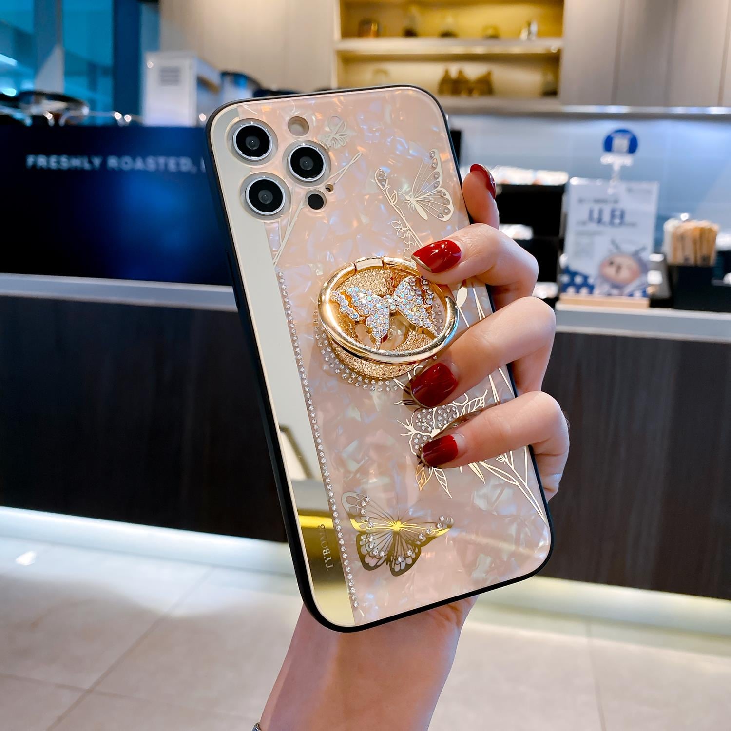 Apple iPhone Uyumlu Taşlı Kelebek Yüzüklü Kılıf Pembe