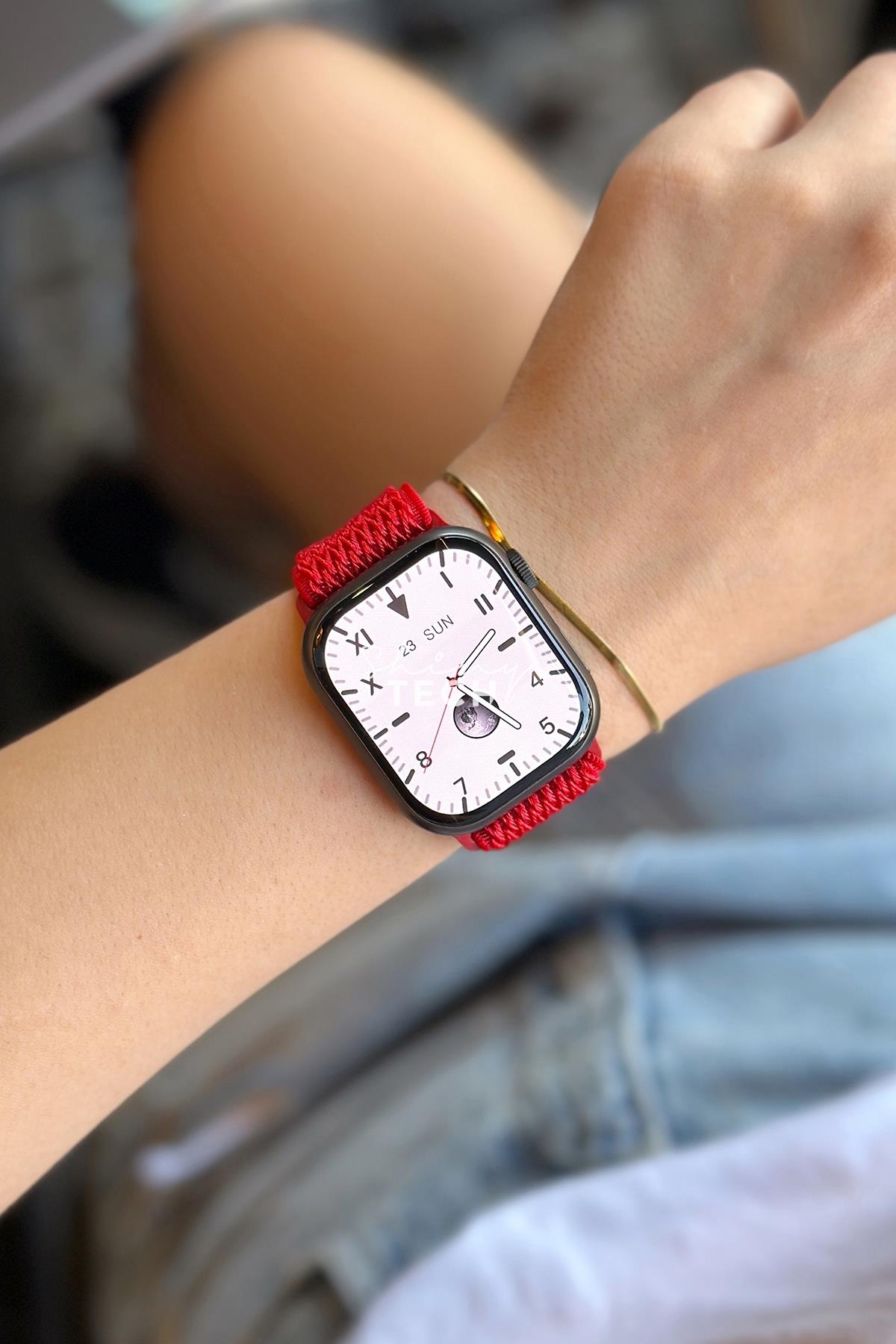 Apple Watch Uyumlu Ayarlanabilir W Örgü Loop Kordon Kırmızı
