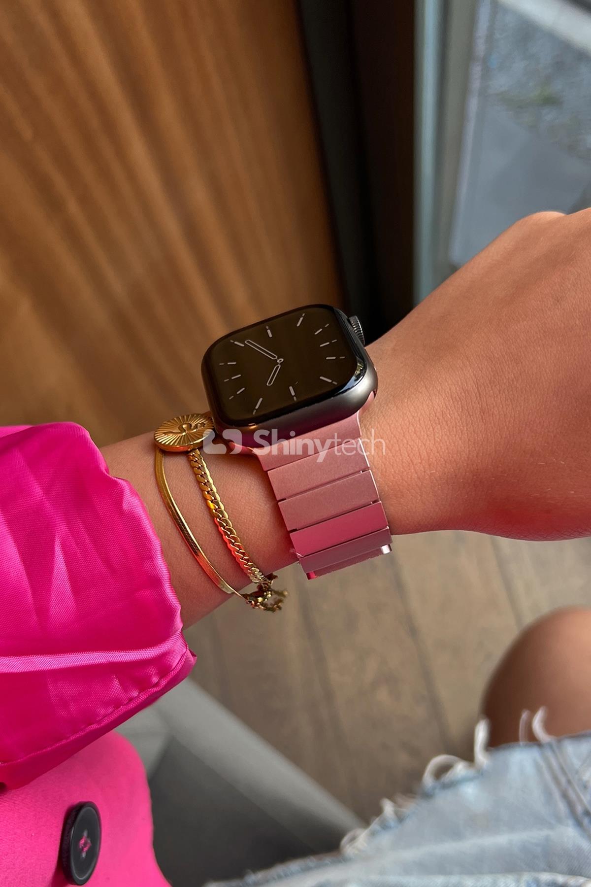 Apple Watch Uyumlu Baklalı Çelik Kordon Pembe