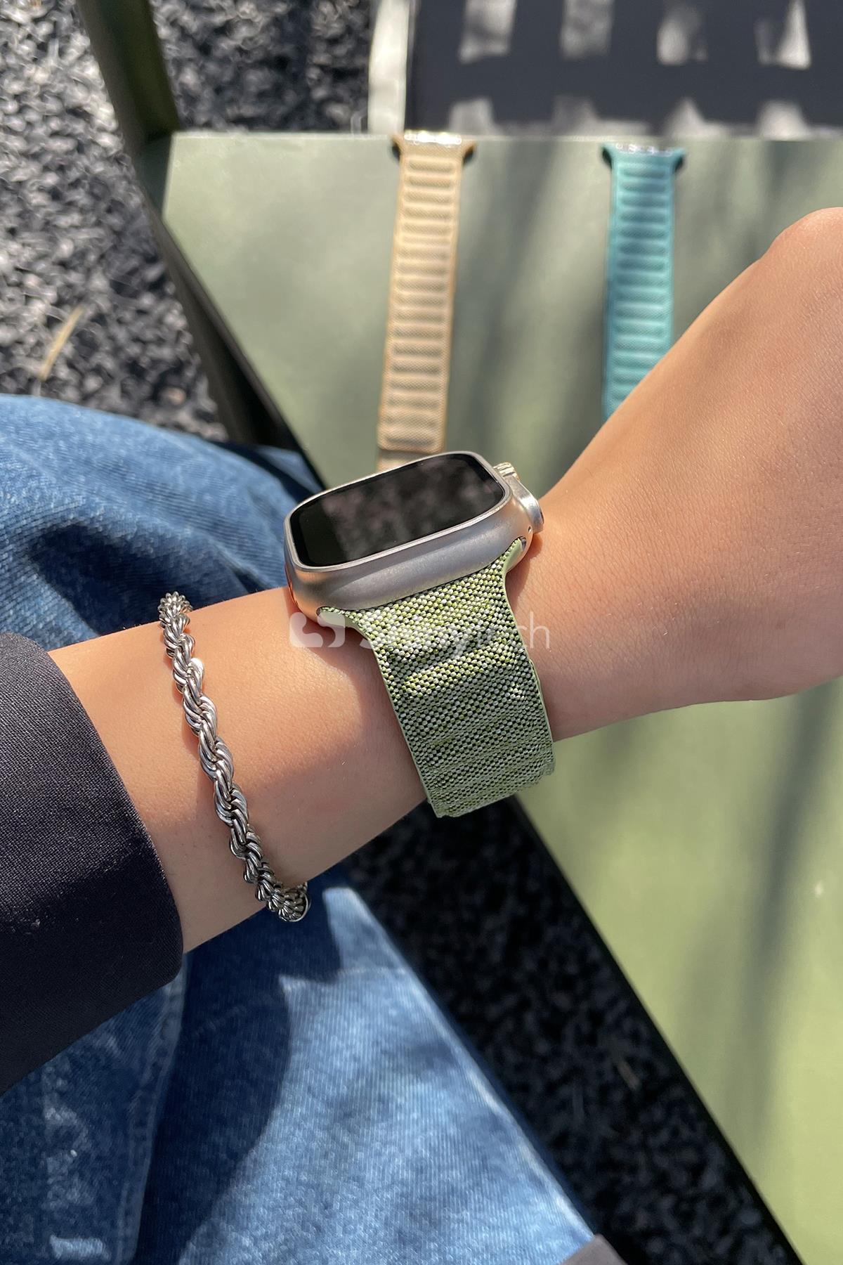 Apple Watch Uyumlu Baklalı Denim Loop Kordon Yeşil