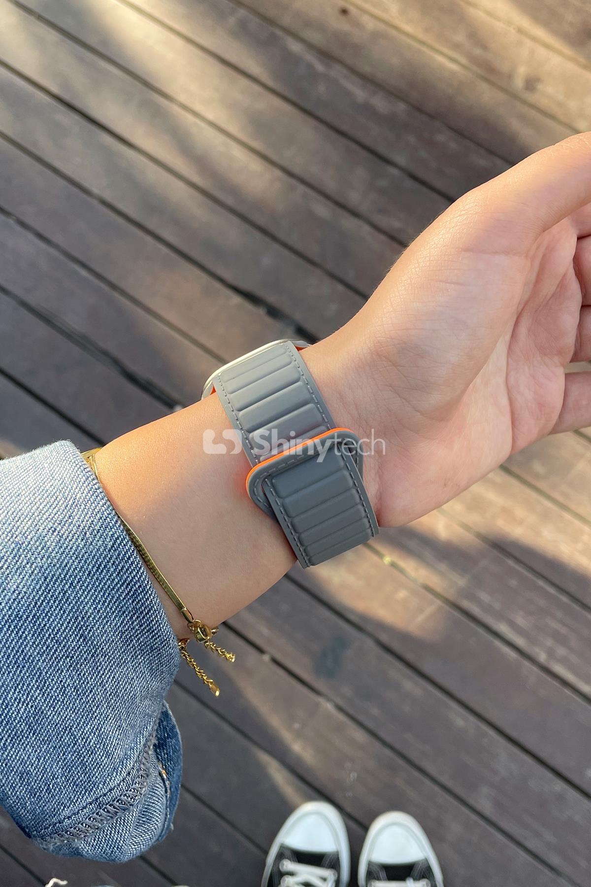 Apple Watch Uyumlu Ultra Manyetik Silikon Kordon Gri/Turuncu