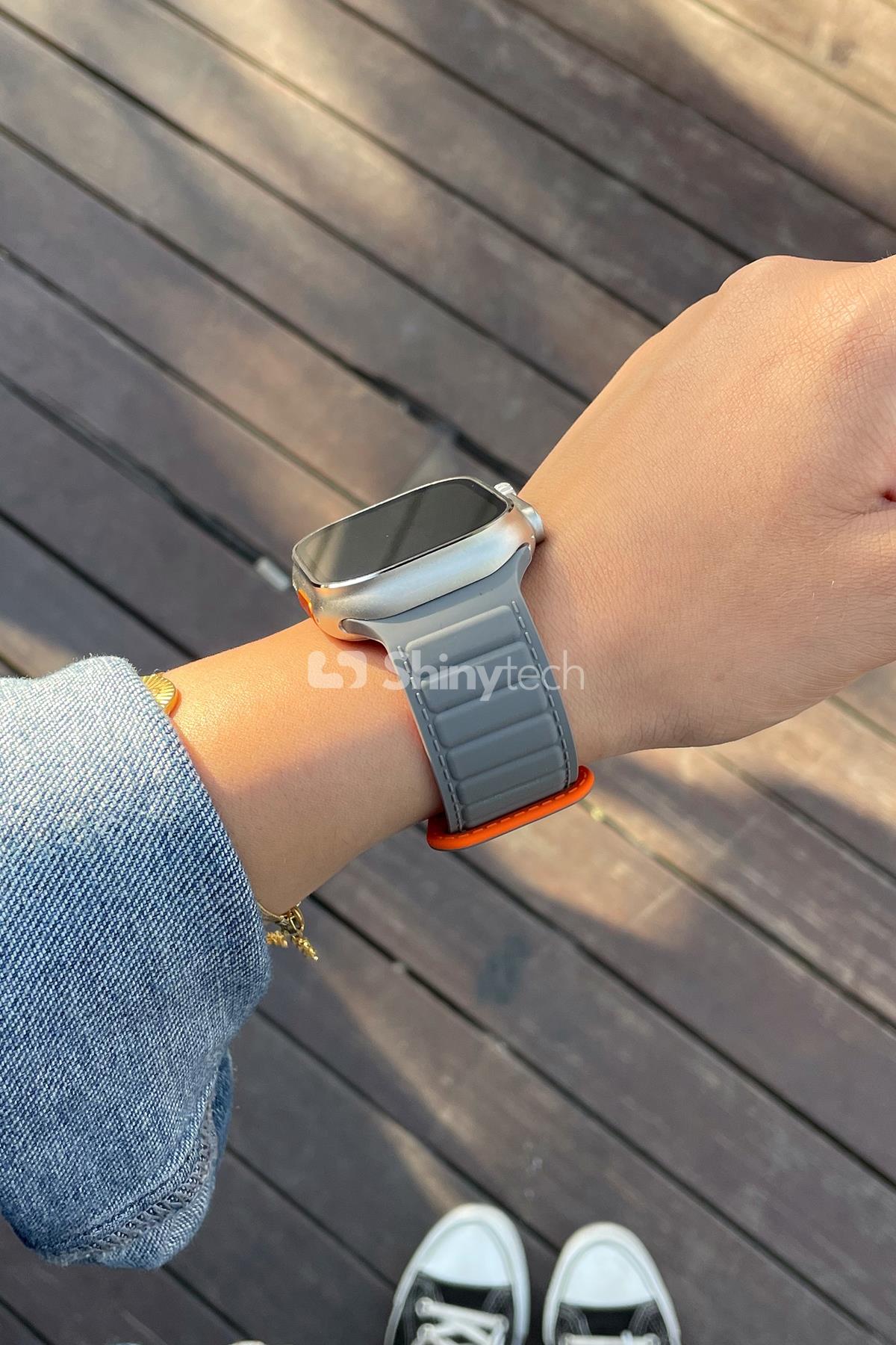 Apple Watch Uyumlu Ultra Manyetik Silikon Kordon Gri/Turuncu