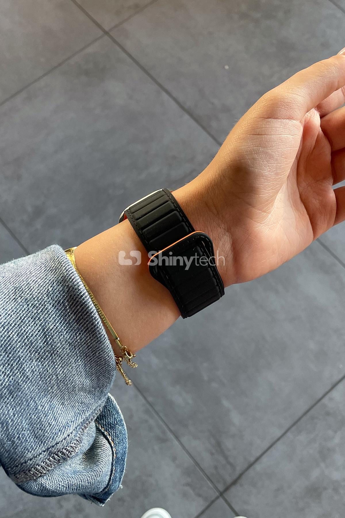 Apple Watch Uyumlu Ultra Manyetik Silikon Kordon Siyah/Turuncu