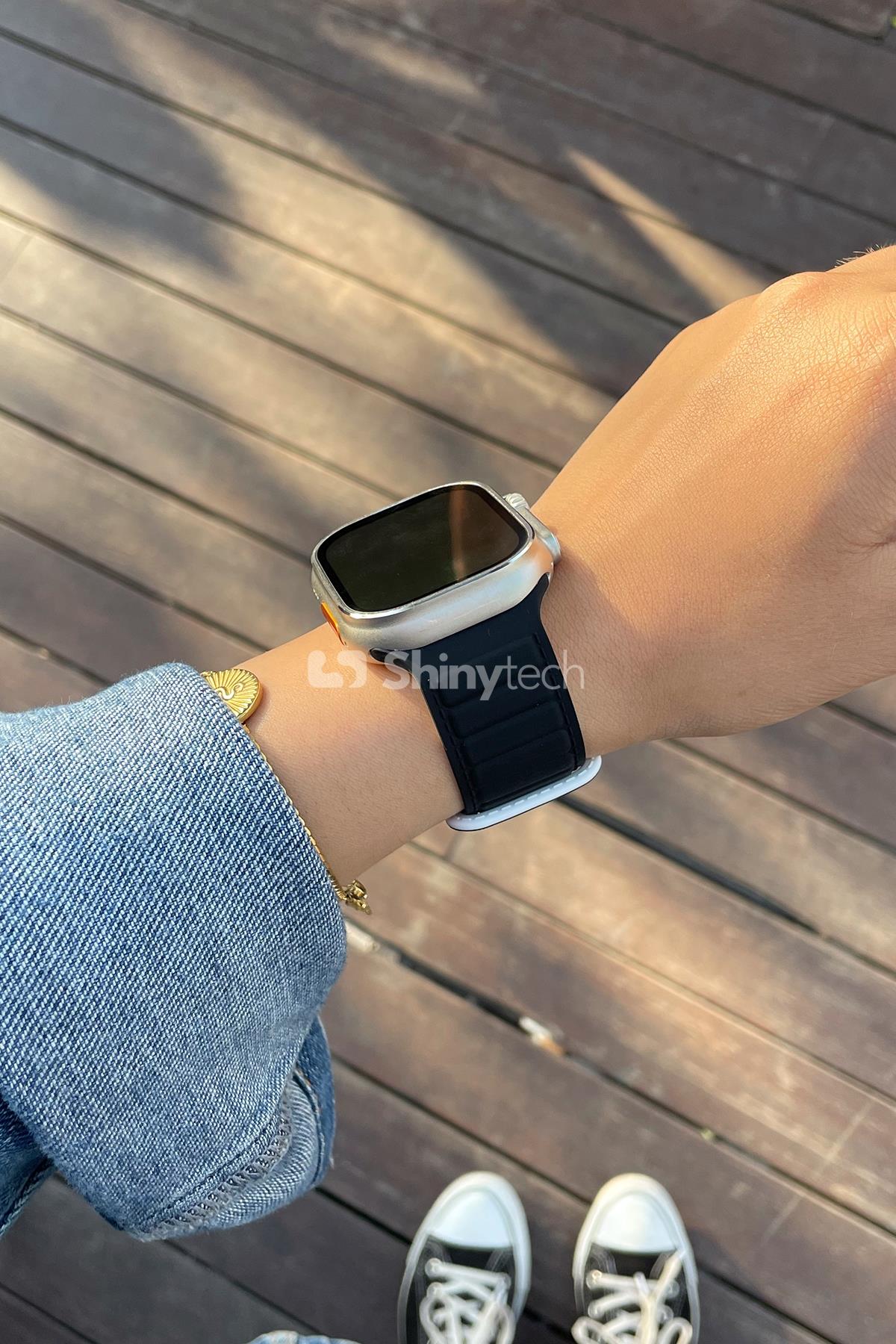 Apple Watch Uyumlu Ultra Manyetik Silikon Kordon Siyah/Beyaz