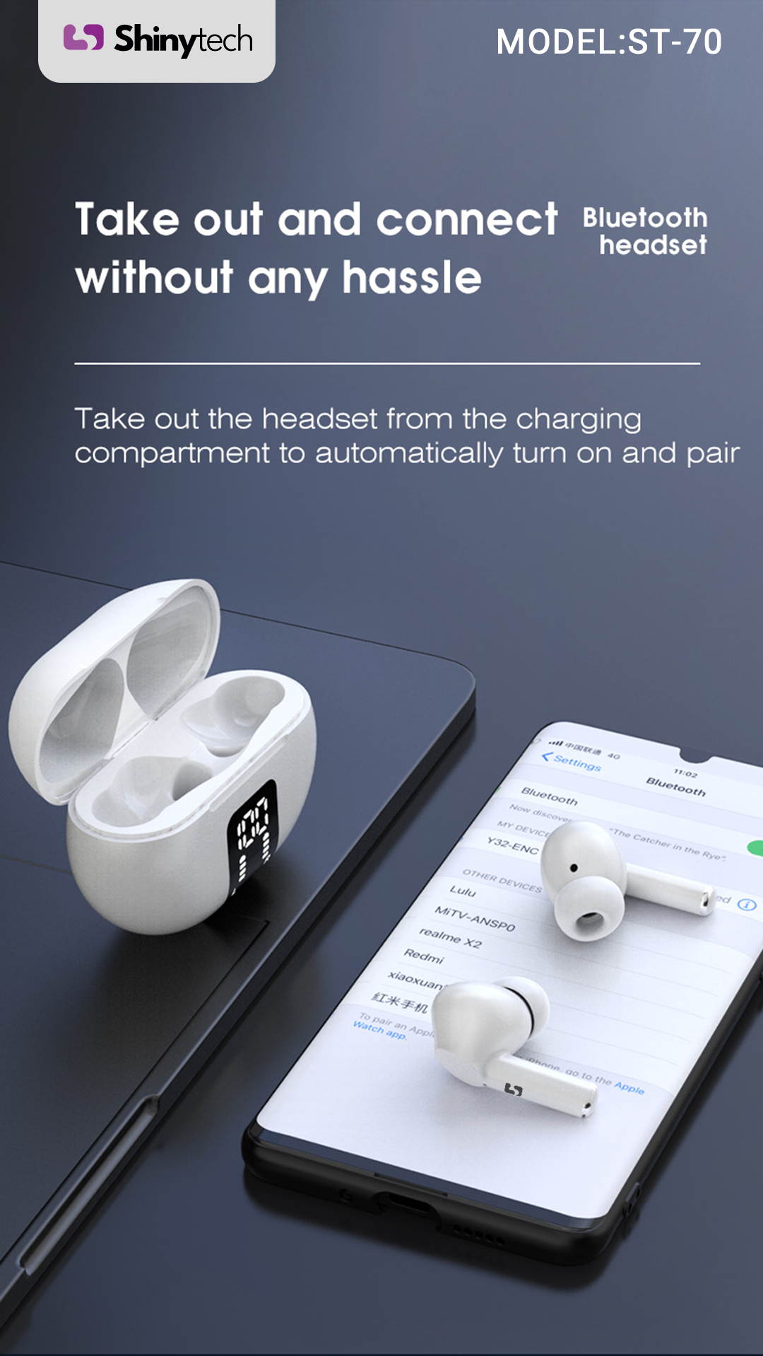 Shinytech ST-70 ANC Bluetooth 5.3 Kablosuz Kulak İçi Kulaklık Beyaz