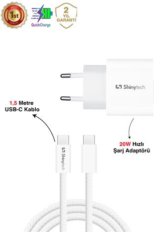 20W USB-C Güç Adaptörü Hızlı Şarj Aleti 1,5m Örgü Kablo USB-C Şarj Seti Beyaz