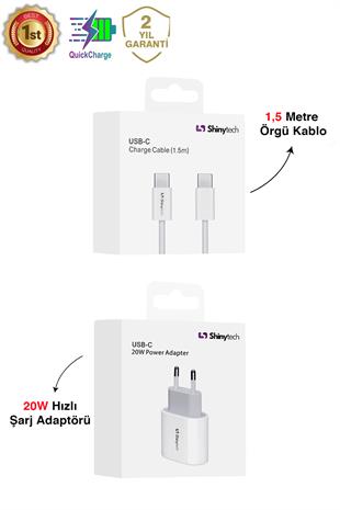 20W USB-C Güç Adaptörü Hızlı Şarj Aleti 1,5m Örgü Kablo USB-C Şarj Seti Beyaz