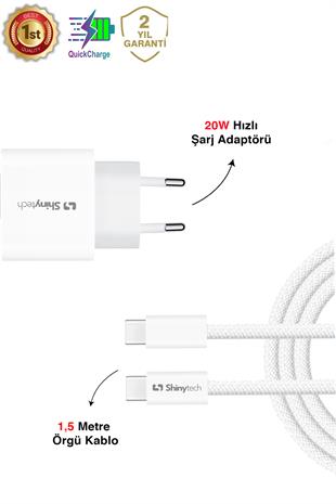 20W USB-C Güç Adaptörü Hızlı Şarj Aleti 1,5m Örgü Kablo USB-C Şarj Seti Beyaz
