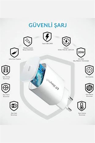 25W USB-C Güç Adaptörü Hızlı Şarj Aleti 2m Kablo USB-C Şarj Seti Beyaz