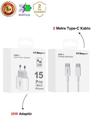 25W USB-C Güç Adaptörü Hızlı Şarj Aleti 2m Kablo USB-C Şarj Seti Beyaz