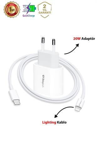 Apple iPhone Şarj Aleti 20W Şarj Adaptörü Lighting Kablo Beyaz