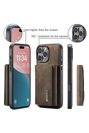 Apple iPhone Uyumlu Ayrılabilen Cüzdanlı Deri Telefon Kılıfı Koyu Kahverengi