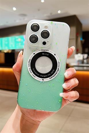 Apple iPhone Uyumlu Benekli Şeffaf Slim Magsafe Kılıf Yeşil